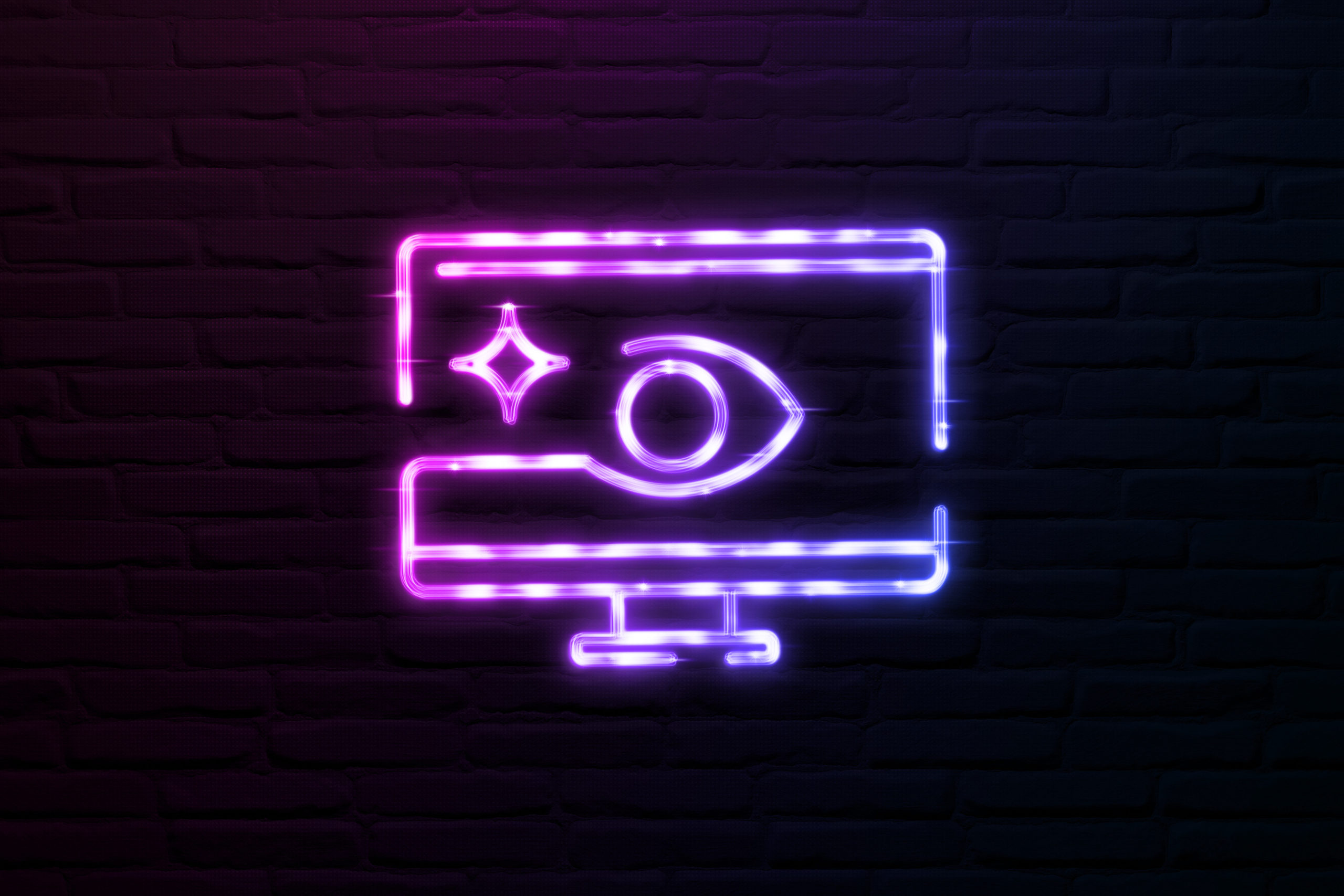 Neon glowing monitor icon with an eye symbol representing digital visibility and monitoring