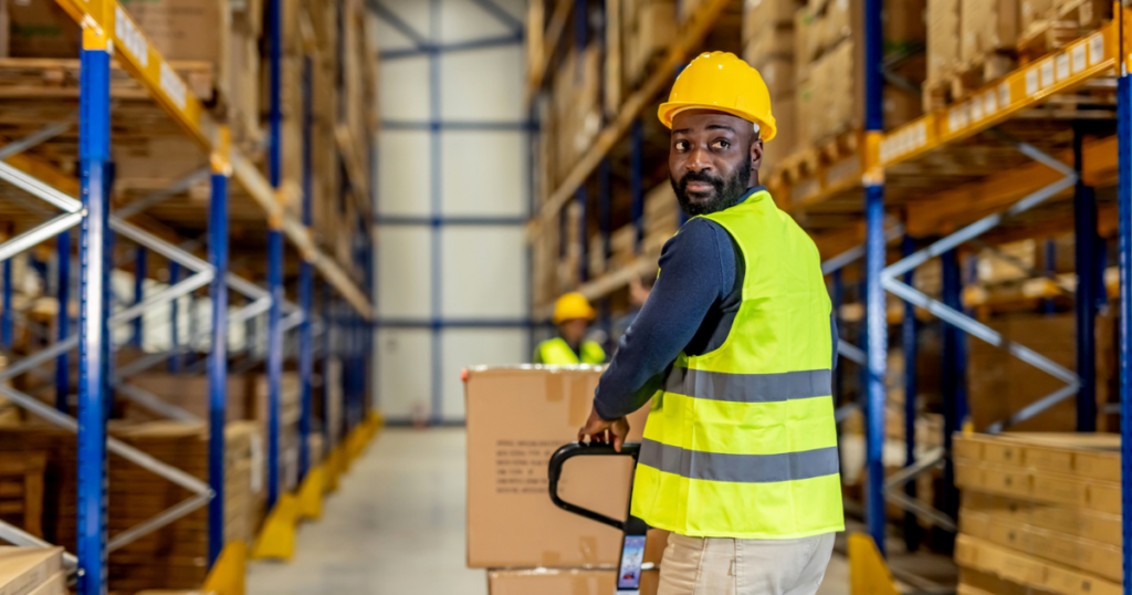 warehouse working pushing stock on the floor