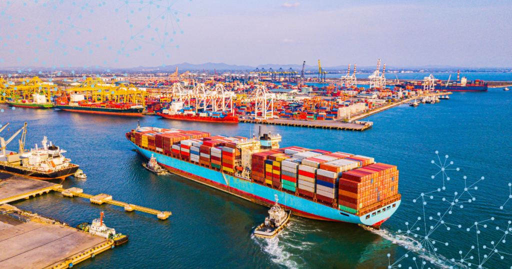 shipping port with multiple shipping containers on boats and trucks