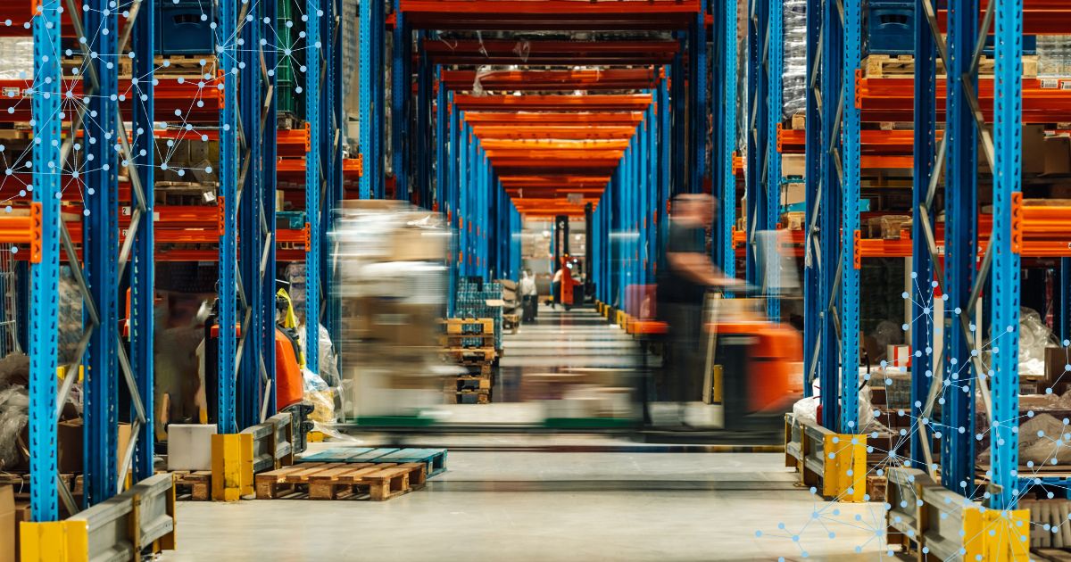Forklift moving products quickly in warehouse with service logistics racks